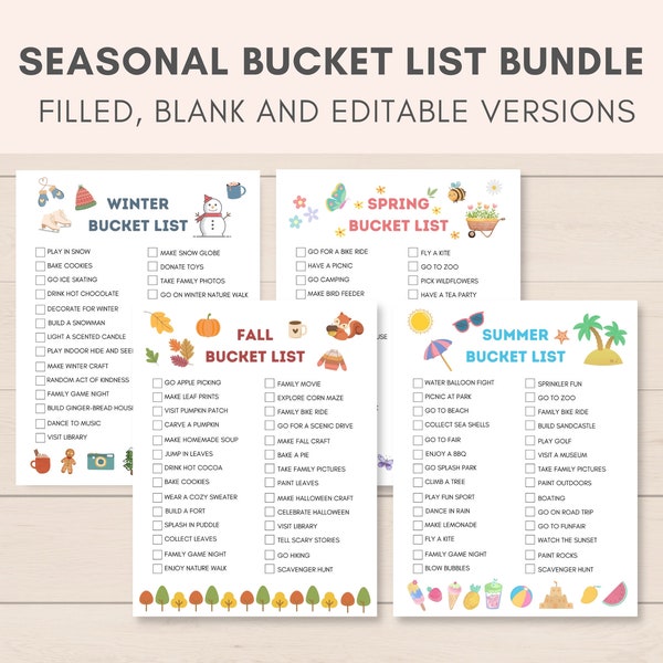 KIDS SEASONAL BUCKETLIST, Bucket list Bundle, Herbst Bucket list, Sommer Bucket list, Winter Bucket list, Spring Bucket list, Editierbar, Pdf