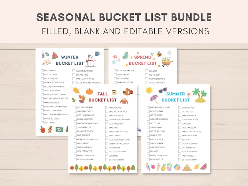 Make each season memorable for your kids with this Seasonal Bucket List Bundle! This printable bundle includes four bucket lists, one for each season - Spring, Summer, Fall, and Winter.