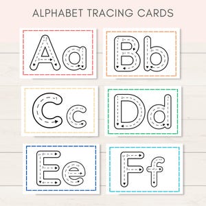 May include: Six alphabet tracing cards with dotted lines for children to practise writing the letters A, B, C, D, E, and F. Each card has a capital and lowercase letter.