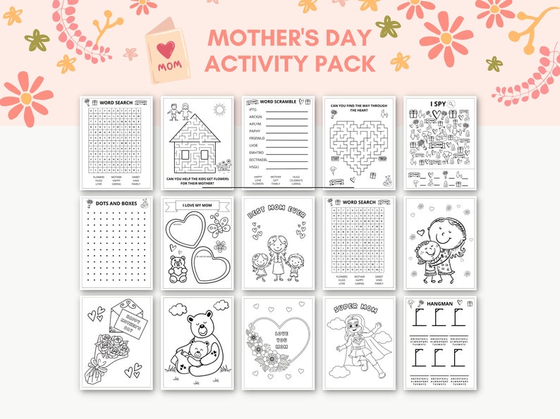 This fun Mothers Day Activity Pack is a perfect way to keep kids engaged. The PDF has fun Mothers Day games and coloring sheets. It can also be used as a party favour. Print as many as you like.