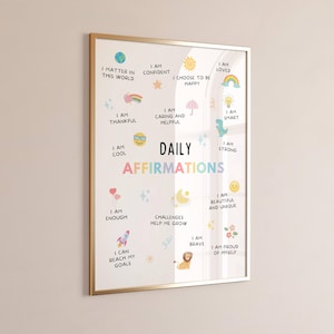 Affirmations pour enfants à imprimer, art mural affirmation pour enfants, affirmation positive pour enfants, affirmation quotidienne, coin apaisant, art mural pour enfants