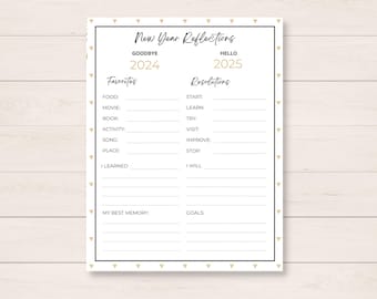 May include: A printable New Year's Reflections worksheet with a black border and gold triangle accents. The worksheet includes sections for favorites and resolutions, with prompts for the years 2024 and 2025. The text is in a handwritten style font.