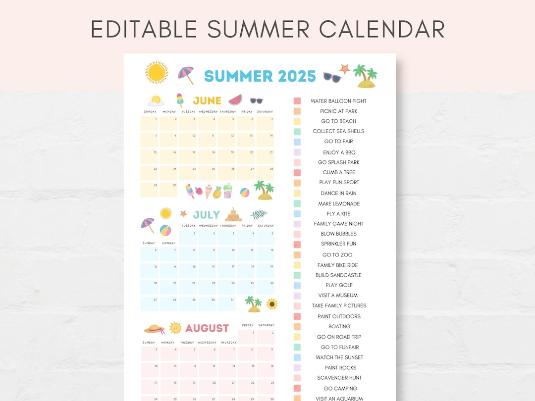 Summer Calendar, Summer Planning Calendar, Summer Bucket List, Editable ...