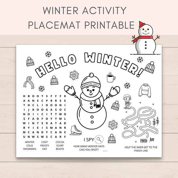 Winter Activity Placemat, Winter Party Activity, Winter Kids Activity, DIY Holiday Craft, Printable Winter Fun, Winter Coloring Page, PDF