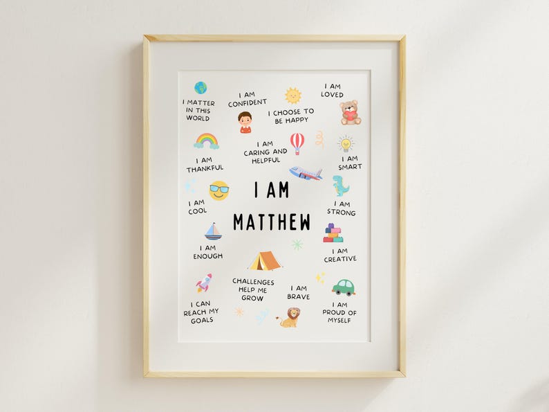 This printable personalised boys affirmation wall art is perfect to encourage kids to see themselves in a positive light.

Practicing positive affirmations helps kids building self esteem and confidence and reduces stress.