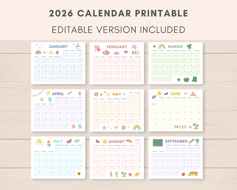 This cute and aesthetic 2026 calendar printable is a fun way to keep track of dates and events throughout the year. It includes ready to print and editable version.