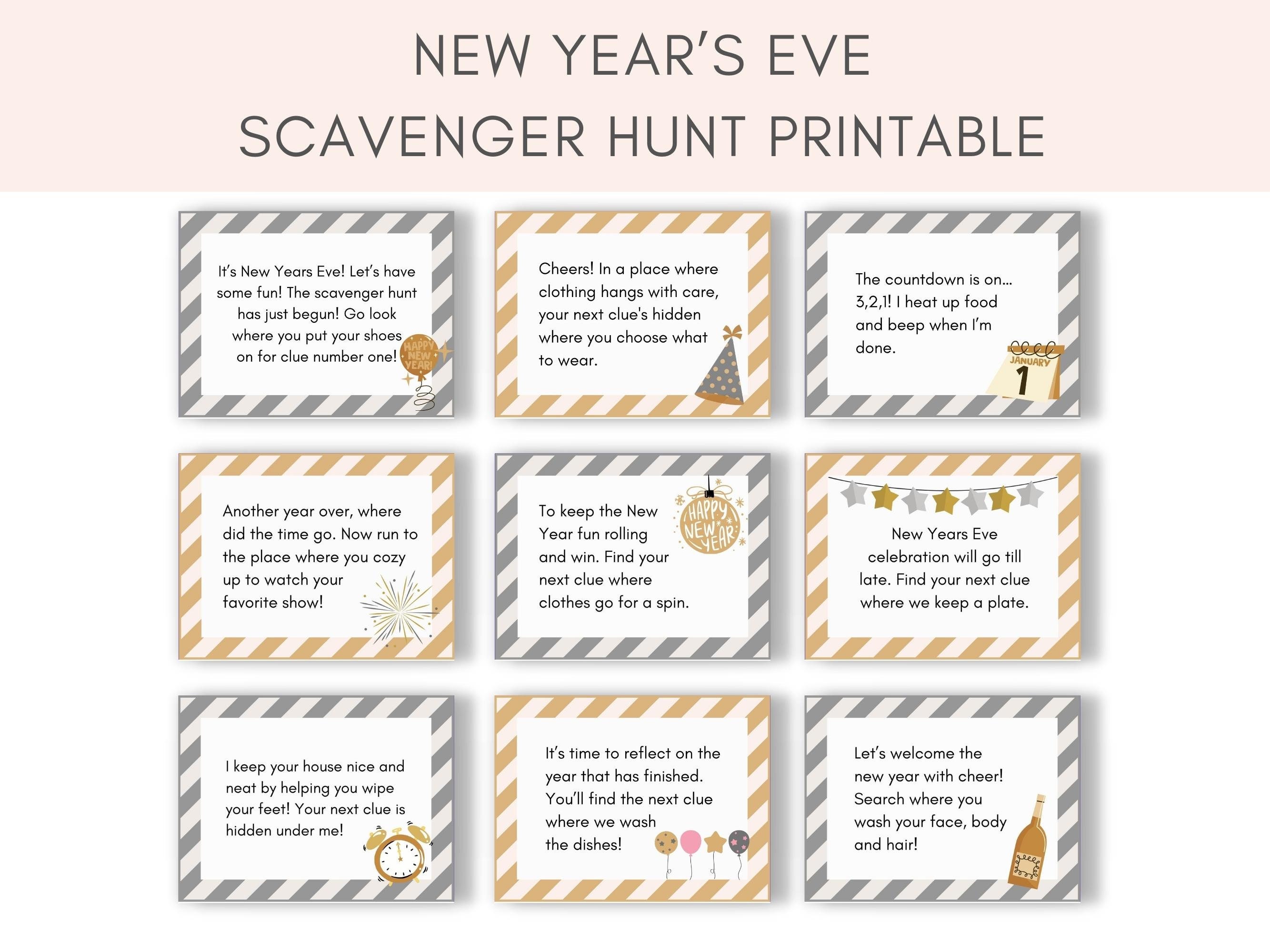 new year scavenger hunt, new years eve game, new year eve party, new year  kids, treasure hunt, printable kids activity, kids scavenger hunt