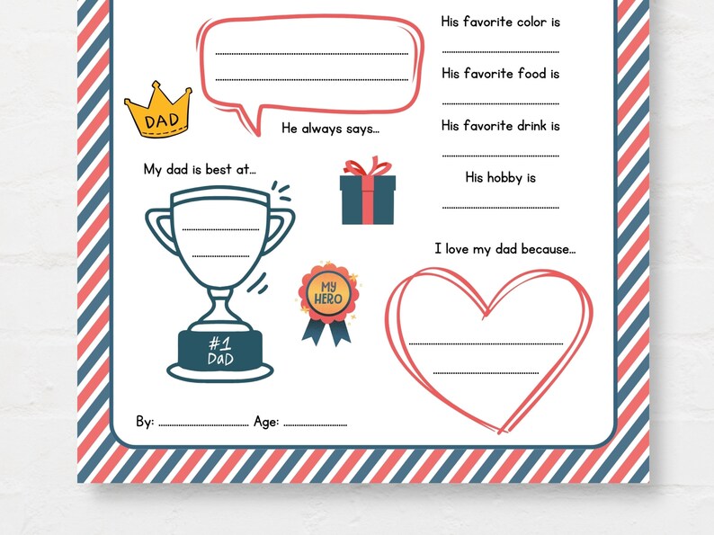 Keep kids engage with this Kids Fathers Day Printable, ‘All About Dad’! This delightful childrens Dad interview activity is a perfect way for little ones to express their love and appreciation.