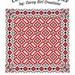 Puede incluir: Un diseño geométrico con un patrón repetitivo de formas rojas, grises y negras. El diseño incluye cuadrados, diamantes y zigzags, con el texto "Color Blocked Angles" y "by: Curvy Girl Creations".