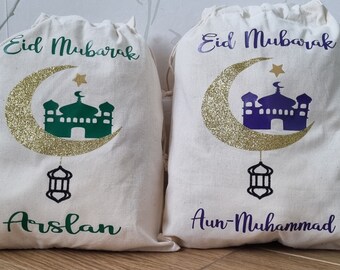 Personalised Eid Mubarak Cotton Drawstring Gift Bag/Personalised Eid gift bag for children or adults/Gift bags for Eid