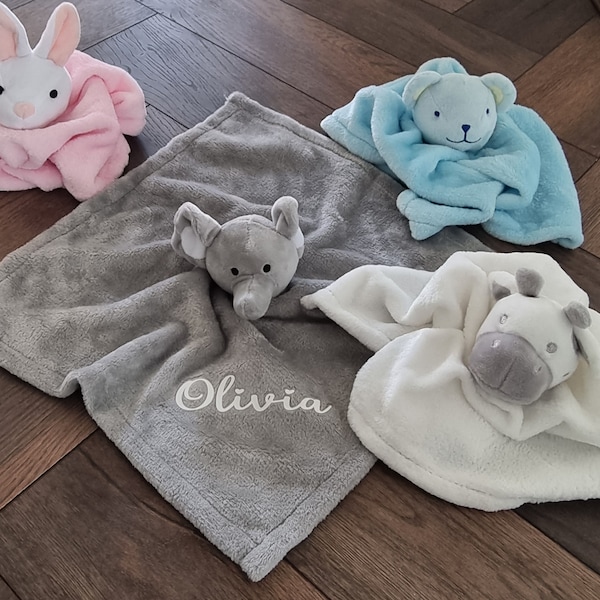 Personalised Baby Name Comforters / Personalised Soft Baby Comforters / Baby Comforters / Elephant Teddy Bear Giraffe Rabbit