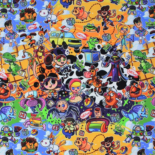 Animated Toys Cotton Lycra Fabric, Disney Toy Story, Andy Buzz Jessie Cartoon High Quality Fabric, Animation Fabric, 9x13 Tumbler Cut