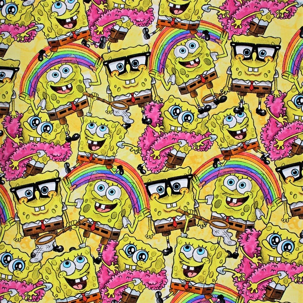 Life's A Rainbow Character Fabric, Cotton Lycra, Sponge Bob Cartoon High Quality Fabric, Animation Fabric, 9x13 Tumbler Cut