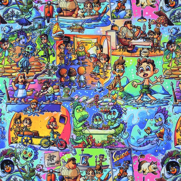 Silencio Cotton Lycra Fabric, Luca Cartoon High Quality Fabric, Animation Fabric, 9x13 Tumbler Cut