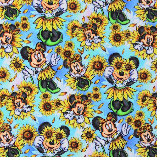 Many Sunflowers Character Fabric, Minnie Mouse Cotton Lycra, Cartoon High Quality Fabric, Animation Fabric, 9x13 Tumbler Cut