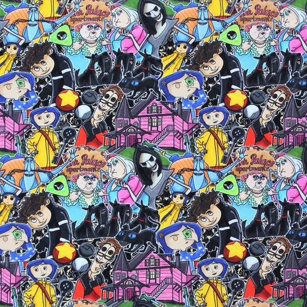 Tricky Everywhere Character Fabric, Cotton Lycra Disney Coraline, Halloween Quality Fabric, Animation Fabric, 9x13 Tumbler Cut
