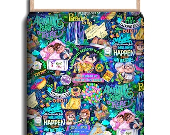 Adventure Quotes Character Fabric, Cotton Lycra, Up, Carl, Ellie, Cartoon High Quality Custom Fabric, Animation Fabric, 9x13 Tumbler Cut