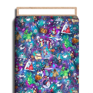 May include: A colorful fabric featuring a repeating pattern of characters and imagery from the movie "The Nightmare Before Christmas." The design includes Jack Skellington, Sally, Oogie Boogie, pumpkins, and other Halloween-themed elements in a vibrant, whimsical style.