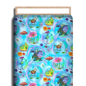 May include: Fabric with a repeating pattern of cartoon insects, flowers, and mushrooms in a bubble-like design. The background is a light blue with a watercolor effect. The insects are in various colors, including blue, yellow, and red.