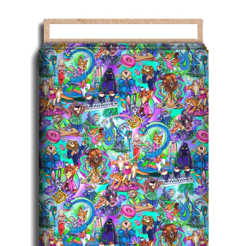 K&ouml;nnte beinhalten: Ein farbenfroher Stoff mit einem sich wiederholenden Muster aus Zeichentrickfiguren, Donuts und Fantasy-Elementen. Die dominierenden Farben sind T&uuml;rkis, Lila, Rosa und Gr&uuml;n. Geeignet f&uuml;r Bettw&auml;sche oder Polsterung.