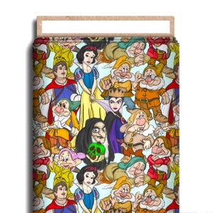 May include: A colorful fabric featuring a repeating pattern of Snow White and the Seven Dwarfs characters. The fabric includes Snow White, the Evil Queen, and all seven dwarfs. The fabric is a light blue background with a variety of colors including red, yellow, green, and purple.
