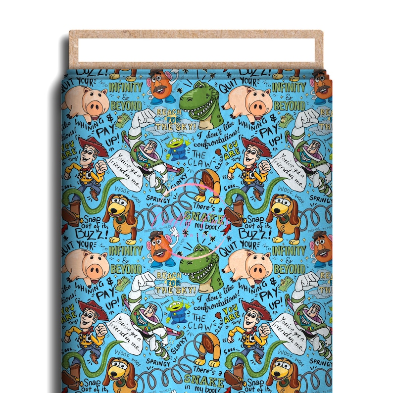 Toy Quotes Character Fabric, Cotton Lycra, Toy Story, Buzz, Woody, High Quality Custom Fabric, Animation Fabric, 9x13 Tumbler Cut bild 1