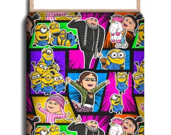 Collage Character Fabric, Cotton Lycra, Minions, Cartoon High Quality Custom Fabric, Animation Fabric, 9x13 Tumbler Cut
