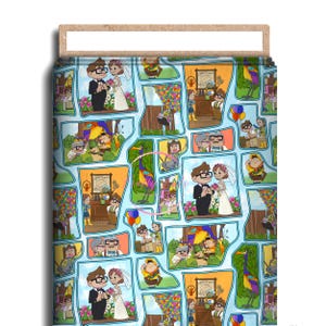 Adventure Frames Character Fabric, Cotton Lycra, Up, Carl, Ellie, Cartoon High Quality Fabric, Animation Fabric, 9x13 Tumbler Cut
