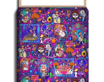 May include: A vibrant purple fabric featuring a repeating pattern of characters and scenes from the movie Coco. The design includes skeletons, guitars, marigold flowers, and colorful decorative frames on a bright purple background with floral motifs.