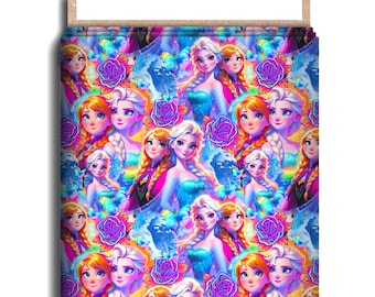 Colorful Snow Princesses Character Fabric, Cotton Lycra, Frozen, Anna, Elsa, High Quality Custom Fabric, Animation Fabric, 9x13 Tumbler Cut