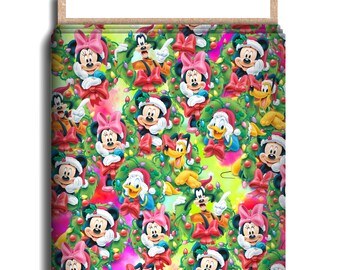 Tela de personajes Merry Faces, algodón y licra, Navidad, Mickey y Minnie, tela personalizada de alta calidad, tela de animación, corte de vaso de 9 x 13