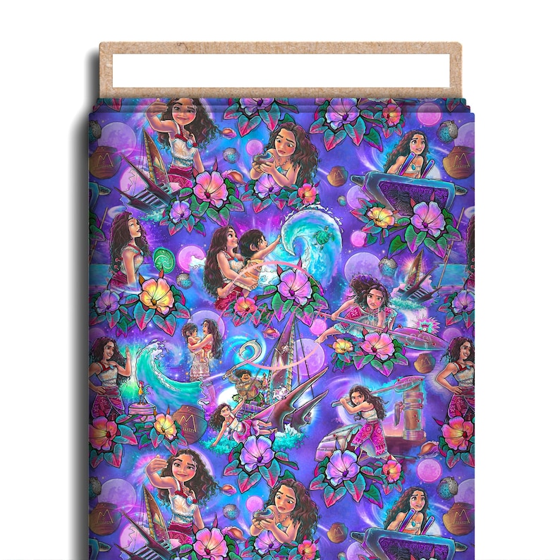 May include: A colourful fabric with a repeating pattern of a Polynesian woman, boats, and tropical flowers in shades of purple, pink, and blue. The design includes stylized waves and celestial elements.