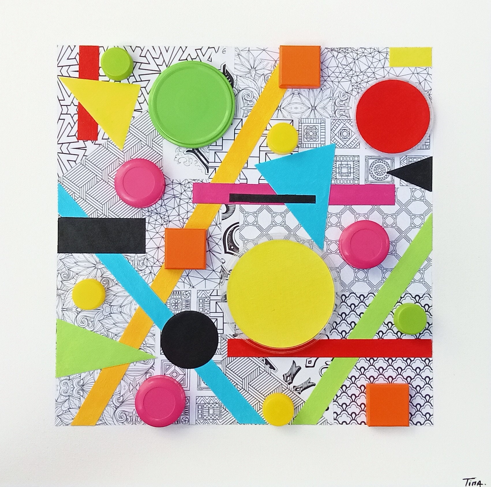 Tableau sur Toile, Art Abstrait, Peinture Acrylique et Collage, Décoration Mural, Upcycling