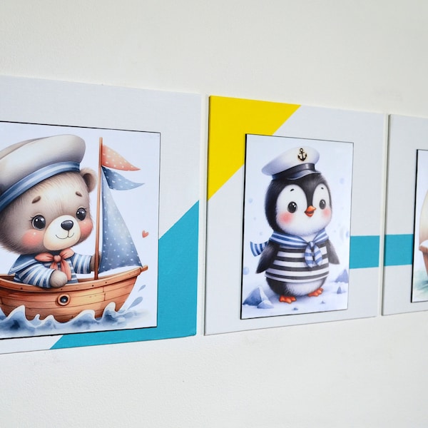 Décoration murale triptyque chambre d'enfant, thème animaux mignons "Ohé Matelots"