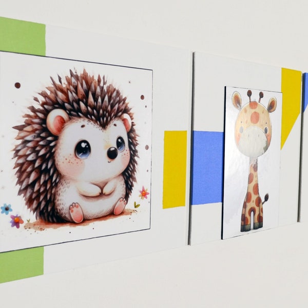 Décoration murale triptyque chambre d'enfant, thème animaux mignons " Trois amis"