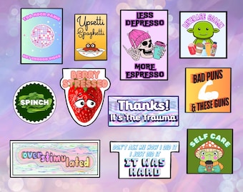 Quirky Sticker Pack | Fun Aesthetic Water Bottle Laptop Decal | Mental Health Unhinged Humor Weird Sayings Puns | Pastel Neon Disco Trauma