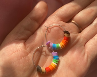 PRIDE- Rainbow Clay Disk Hoops | LGBTQ Queer Jewelry | Silver Hoop Earrings | Handmade Pride Month Accessories