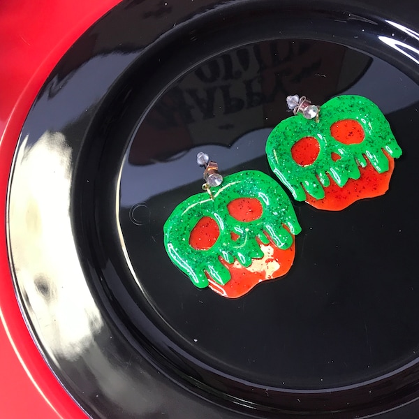 Poison Apple Earrings | Red and Green Glitter Clay Snow White Evil Queen Studs Clip Ons