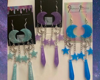Moon and Stars Celestial Earrings | Resin Crystals | Witchy Goth Statement | Bold Colorful | Long Dangling Charms | Space Mystical