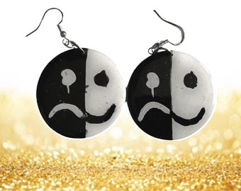 So Much For Smile Frowns | FOB Stardust Dual Color Face | Hand Painted Black and White Clay Earrings