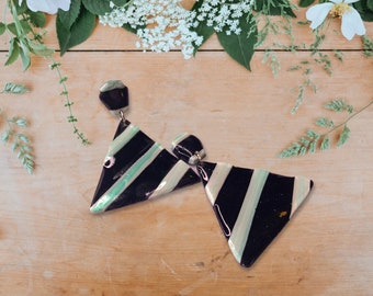 Green and Black Striped Triangle Clay Earrings