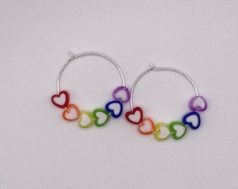 PRIDE- Rainbow Hearts Hoops | LGBTQ Queer Jewelry | Silver Beaded Hoop Earrings | Handmade Pride Month Accessories