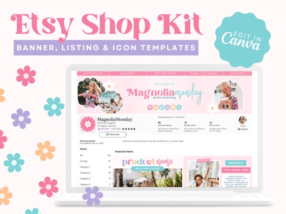 Trendy Etsy Shop Kit | Etsy Banner Template | Editable Etsy Store Listings | Colorful Shop Canva Template | Banner Template | Fun Shop Kit