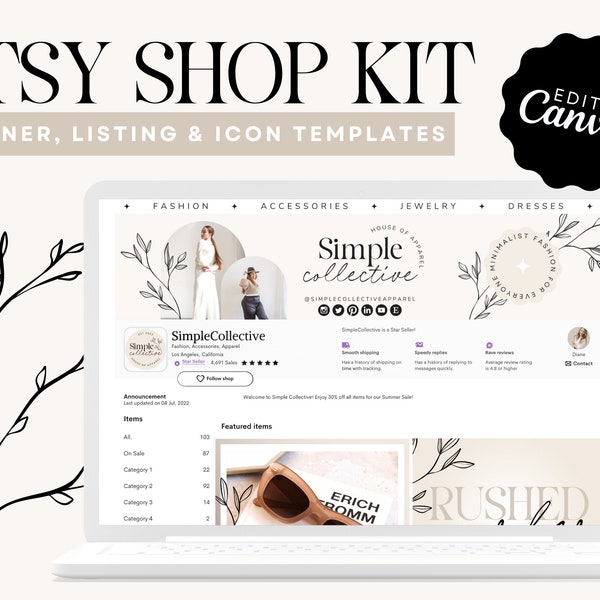 Neutrales Etsy Shop Kit | Etsy Banner Vorlage | Bearbeitbare Etsy Store Einträge | Minimalist Shop Canva Template | Banner Vorlage | Shop Kit