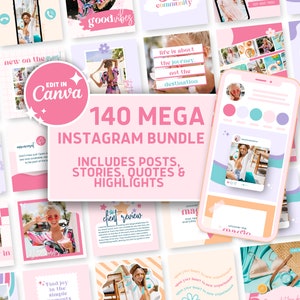 Pacote de modelos Mega Instagram Canva, pacote de mídia social rosa, citações IG, destaques, negócios de modelos Canva, kit de modelos de treinador, brilhante