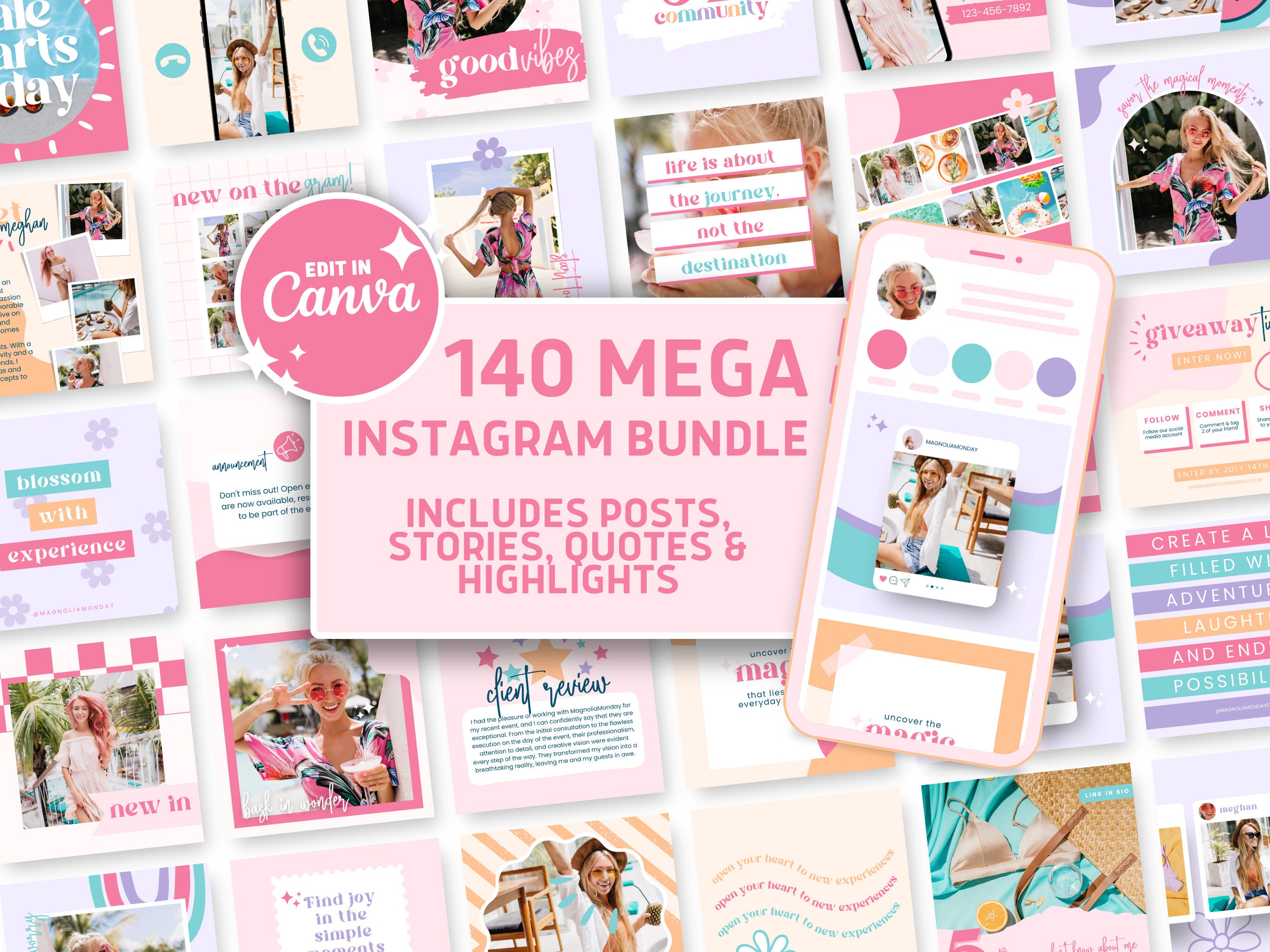 Mega Instagram Canva Template Bundle, Pink Social Media Pack, IG Quotes, Highlights, Canva Templates Business, Coach Template Kit, Bright