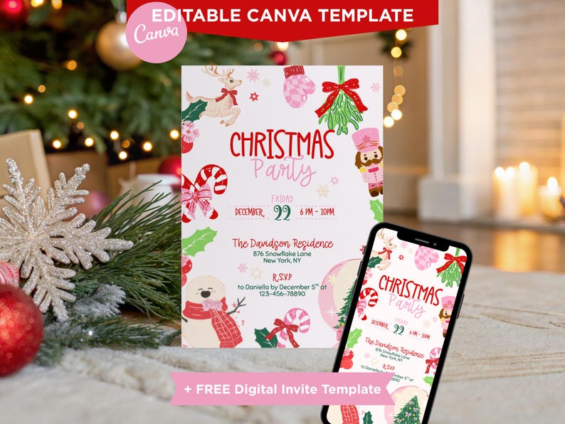 Invitación navideña en formato Canva, plantilla editable para eventos ...