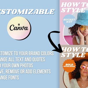 K&ouml;nnte beinhalten: Eine anpassbare Grafikvorlage f&uuml;r soziale Medien mit zwei Frauen, die verschiedene Arten von H&uuml;ten und Sonnenbrillen tragen. Der Text "HOW TO STYLE" ist in der Grafik enthalten. Der Text "CUSTOMIZABLE IN Canva" ist ebenfalls in der Grafik enthalten.