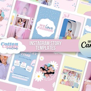 K&ouml;nnte beinhalten: Eine Sammlung von Instagram-Story-Vorlagen in Pastellfarben mit verschiedenen Designs, darunter eine G&auml;nsebl&uuml;mchen, ein Gitter, eine Wolke und ein Moodboard. Der Text "INSTAGRAM STORY TEMPLATES" befindet sich in der Mitte des Bildes. Der Text "EDIT IN Canva" befindet sich in einem Kreis unten rechts im Bild.