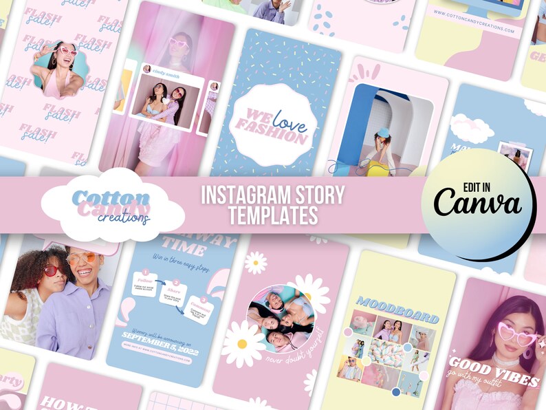 K&ouml;nnte beinhalten: Eine Sammlung von Instagram-Story-Vorlagen in Pastellfarben mit verschiedenen Designs, darunter eine G&auml;nsebl&uuml;mchen, ein Gitter, eine Wolke und ein Moodboard. Der Text "INSTAGRAM STORY TEMPLATES" befindet sich in der Mitte des Bildes. Der Text "EDIT IN Canva" befindet sich in einem Kreis unten rechts im Bild.